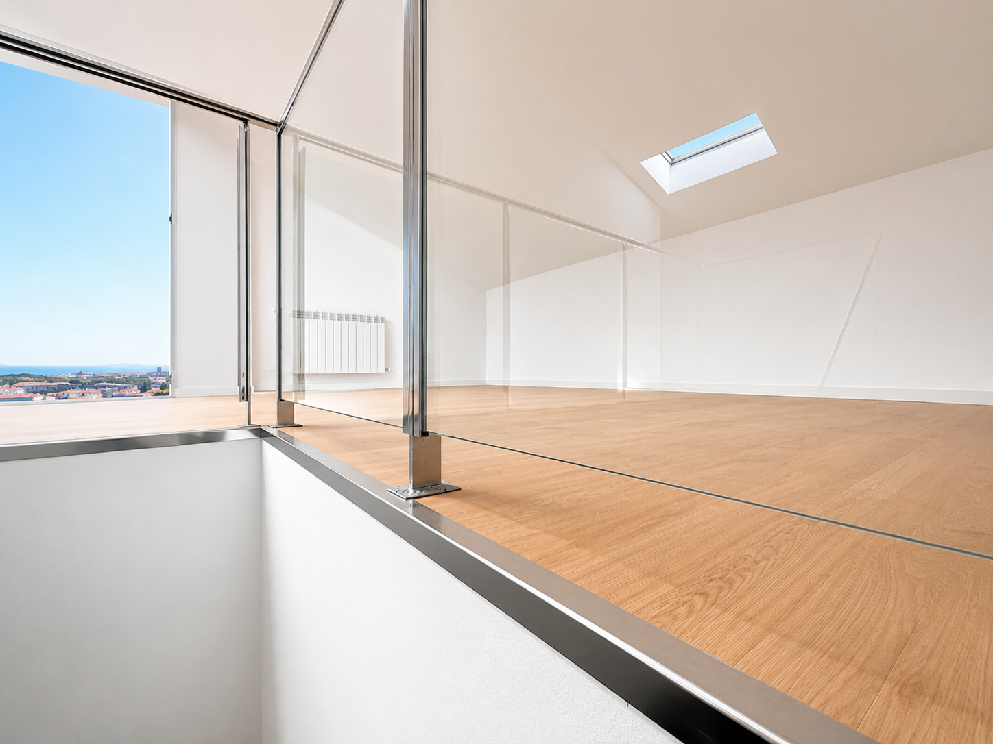 Espacio superior con suelo madera y claraboya